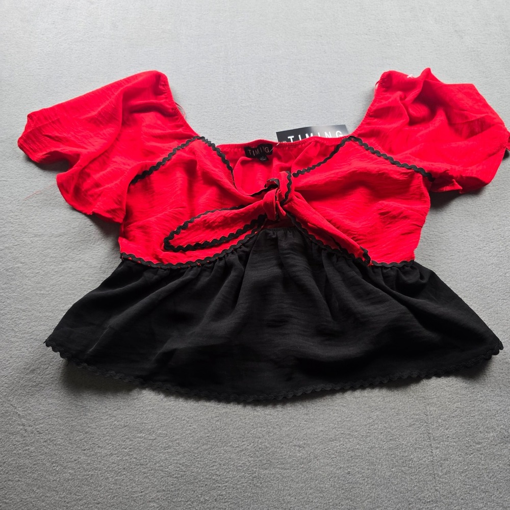 Timing Womens Red Black Ric-Rac Tie Front Peplum Crop Top MN4343 New Medium